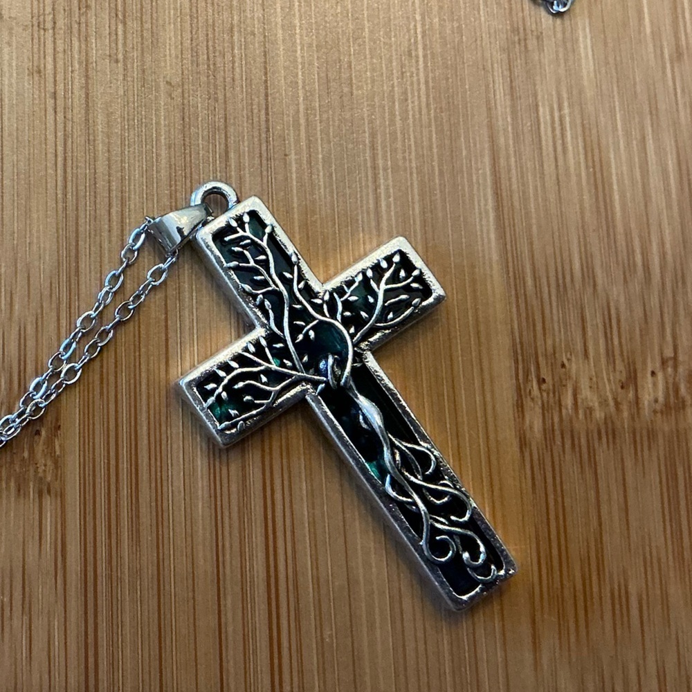 Silvery Filigree Crucifix Pendant Necklace, 24” - Picture 2 of 2